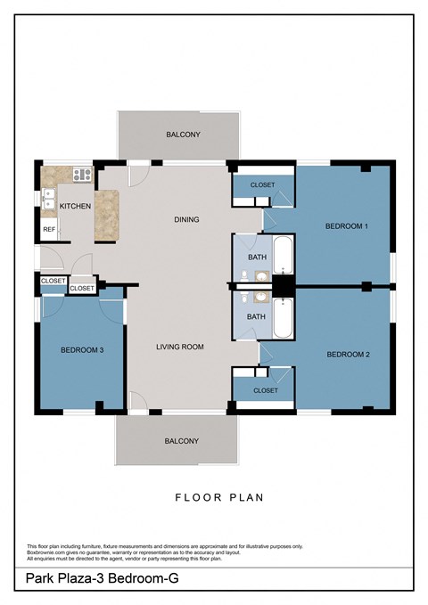 Floor plan for 3 beds, 1 bath, 1092 sqft